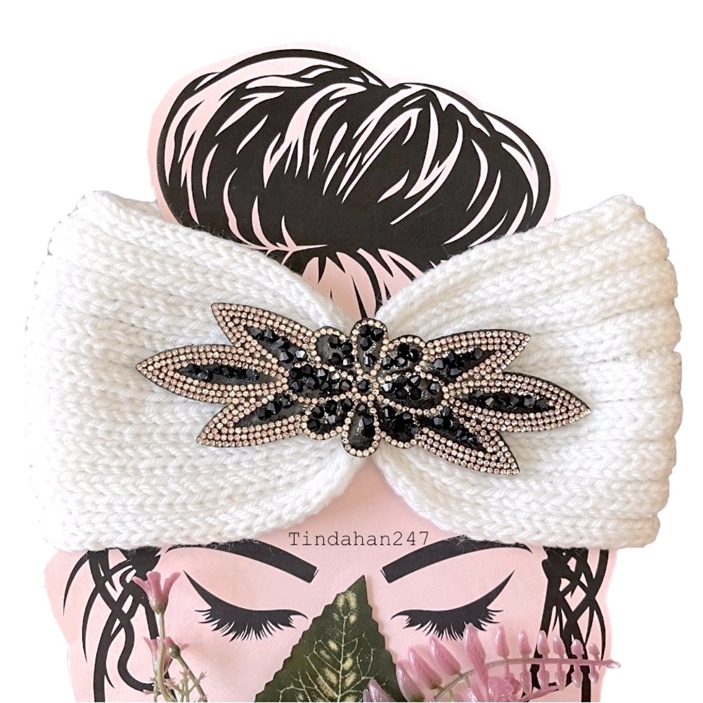 Daisy Gem Flower‎ Design Milky White Knit Knot Crochet Handmade Headband